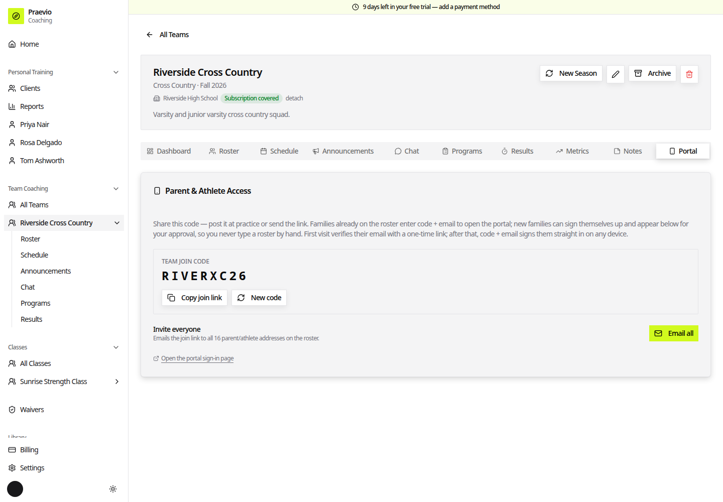 Parent & Athlete Access card showing the team join code with Copy join link, New code, and Email all