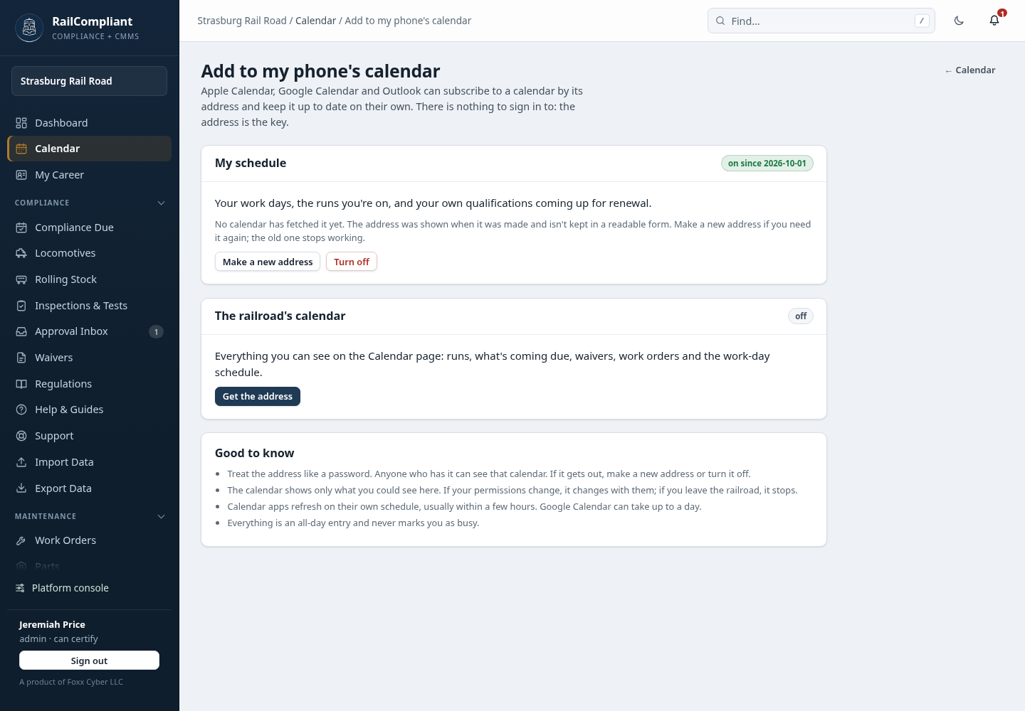 The Add to my phone's calendar page: My schedule switched on, with buttons to make a new address or turn it off, and the railroad's calendar still off with a button to get its address