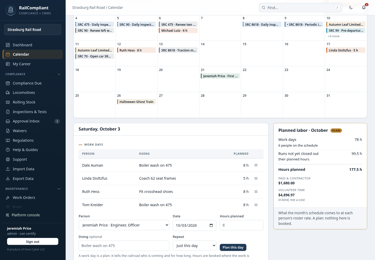 A day on the Calendar page: four people's planned work days with what each will be doing and their hours, the form to plan a day, and the Planned labor card totalling the month
