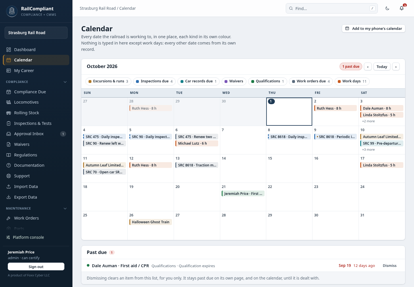 The Calendar page for October: a month grid with coloured entries for runs, inspections due, work orders and work days, a row of switches for each kind of date above it, and a past-due notice at the top