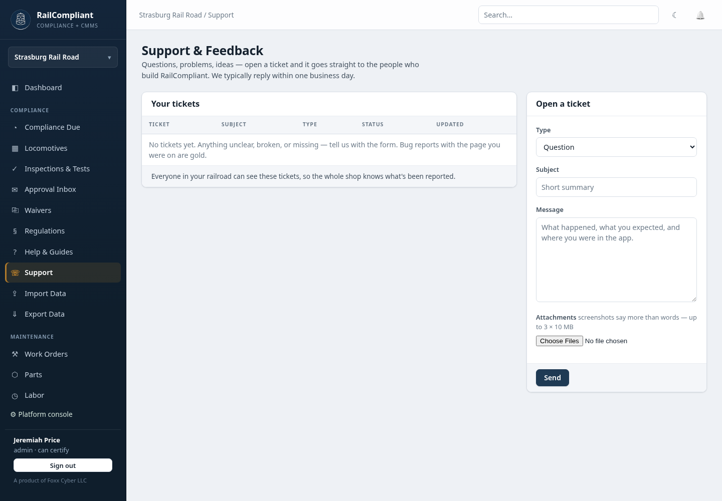 Support & Feedback page with an empty Your tickets list beside an Open a ticket form offering a type, subject, message, and attachments