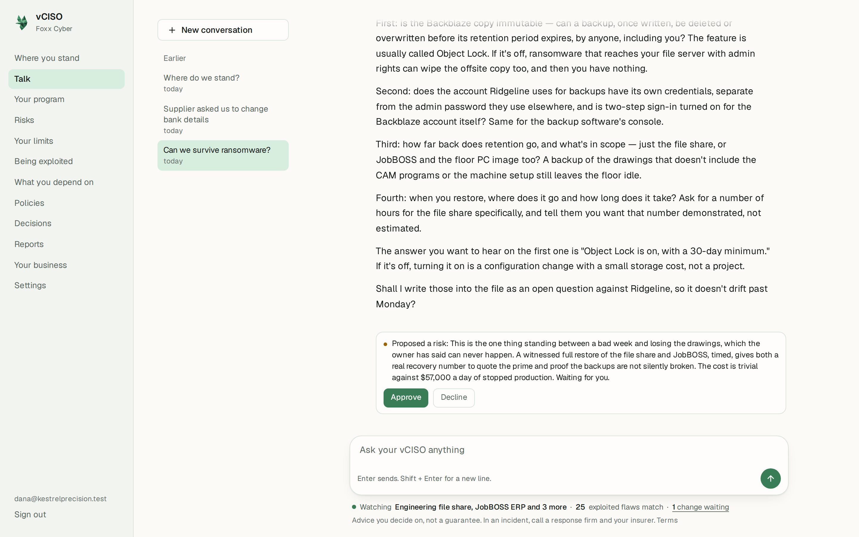 A proposal card under a conversation reading Proposed a risk, followed by the vCISO's reasoning and Waiting for you, with Approve and Decline buttons