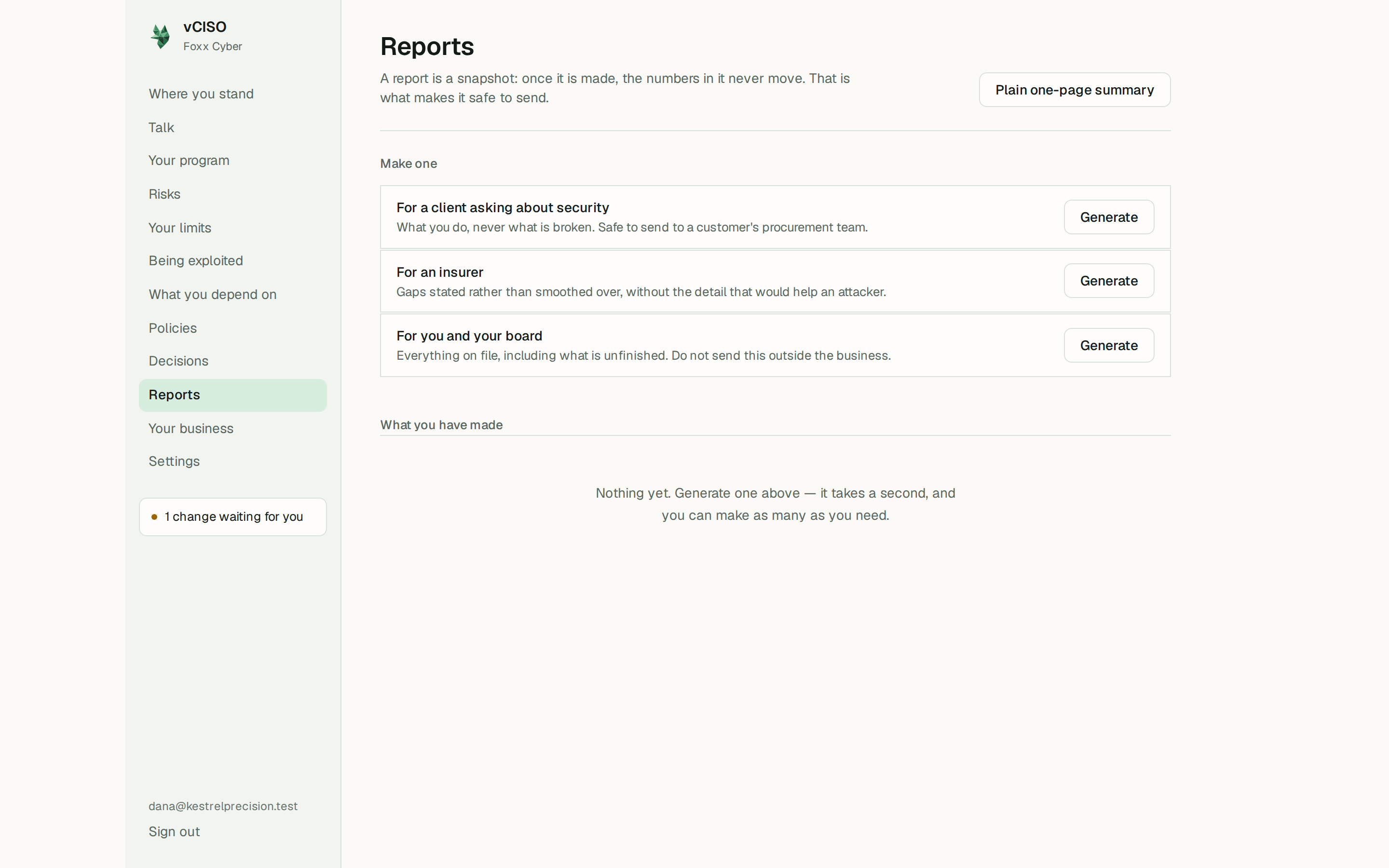 Reports page with three kinds of report to generate: for a client asking about security, for an insurer, and for you and your board, each with a one-line description and a Generate button